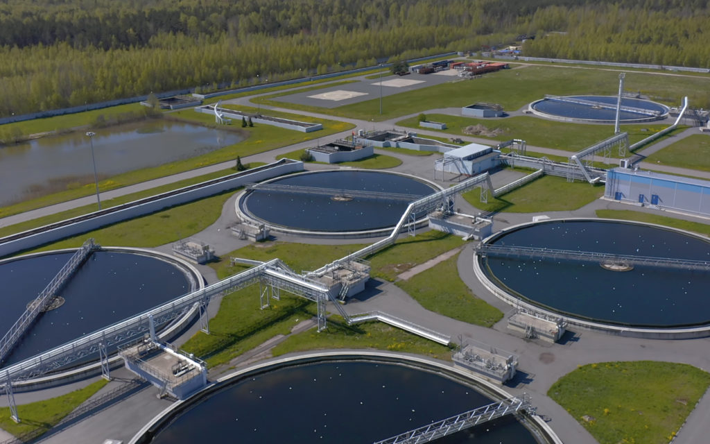 An aerial view of a wastewater treatment plant.